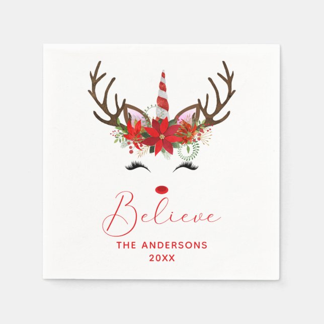 Believe Red Christmas Reindeer Unicorn Name Napkins (Front)