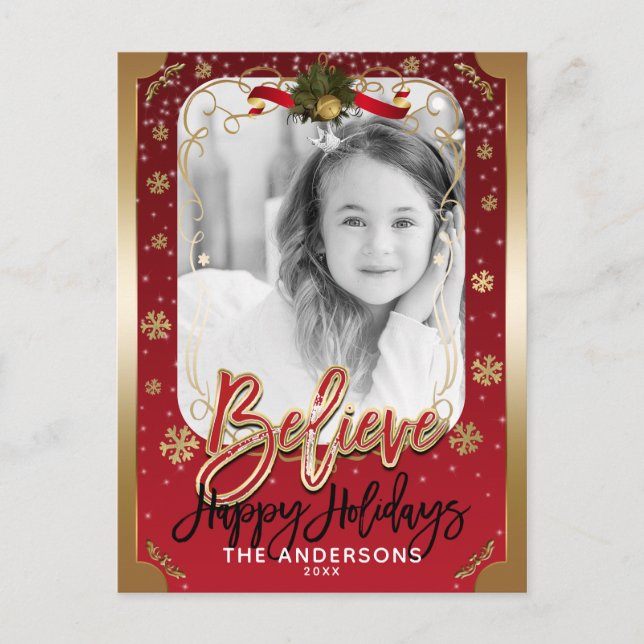 Believe Red & Gold Winter Snowflakes Holiday Photo (Front)