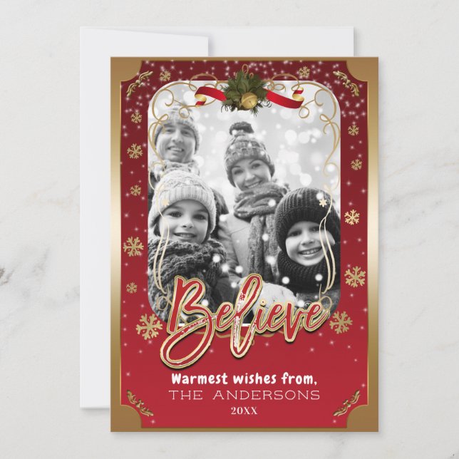 Believe Red & Gold Winter Snowflakes Holiday Photo (Front)