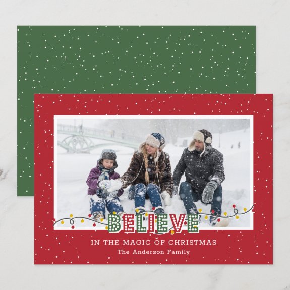 Believe Red Green Snow Photo Christmas Cards