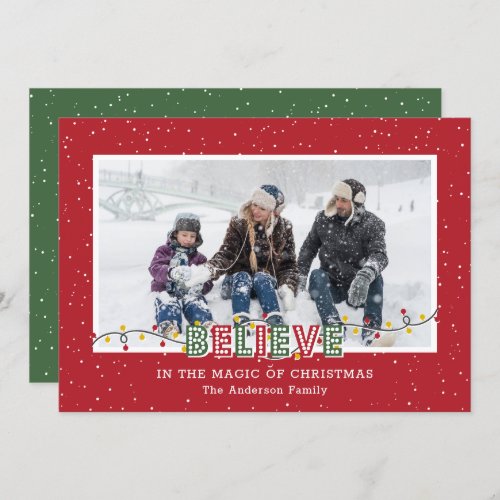 Believe Red Green Snow Photo Christmas Cards