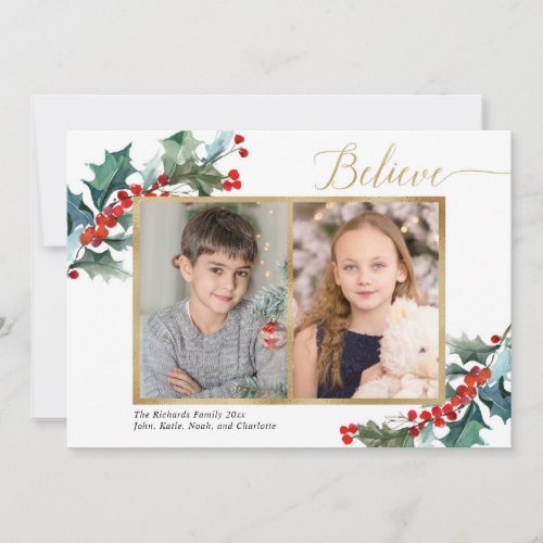 Believe red holly berries and gold two photo card