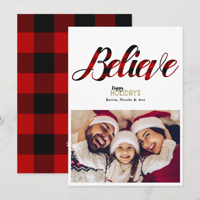 BELIEVE Red Plaid Christmas Holiday Photo Card (Front/Back)
