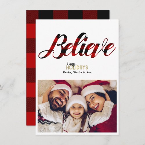 BELIEVE Red Plaid Christmas Holiday Photo Card