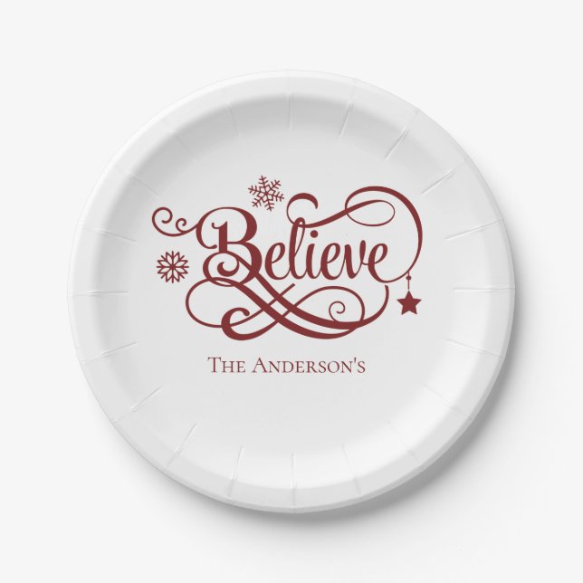 Believe Red Snowflakes Stars Christmas Holiday  Paper Plates (Front)