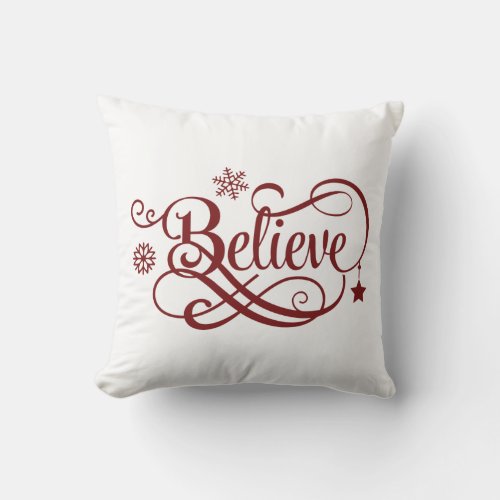 Believe Red Snowflakes Stars Christmas Holiday Throw Pillow