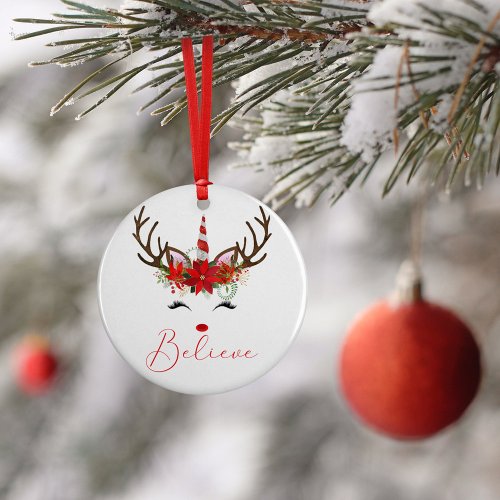 Believe Red  White Christmas Reindeer Unicorn Ceramic Ornament