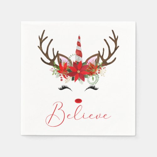 Believe Red  White Christmas Reindeer Unicorn Napkins