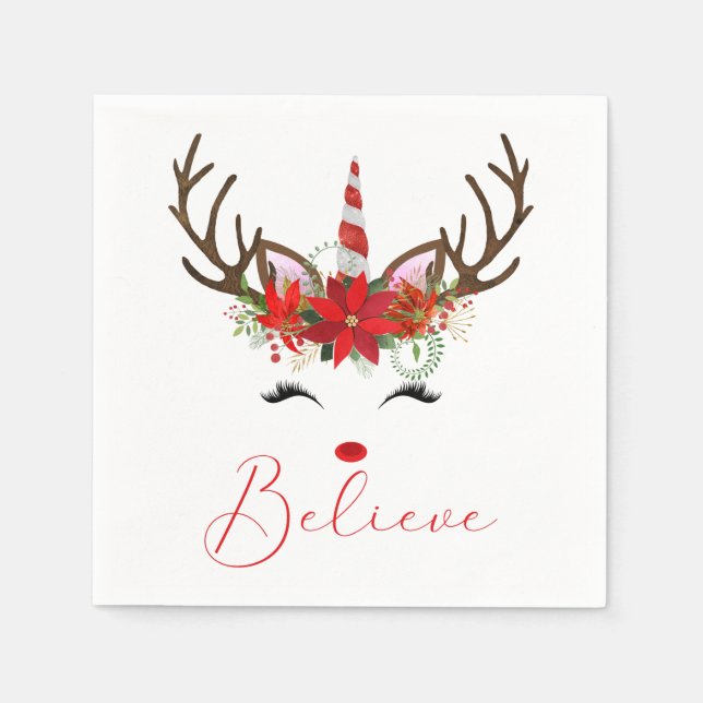 Believe Red & White Christmas Reindeer Unicorn Napkins (Front)