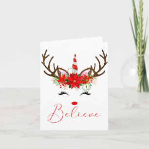 Believe Red White Insettia Reindeer Unicorn Card