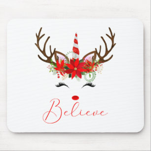 Believe Red White Insettia Reindeer Unicorn Mouse Pad