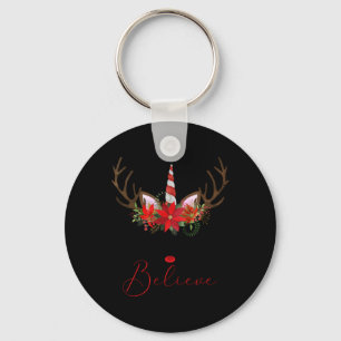 Believe Red White Insettia Reindeer Unicorn T Shir Keychain