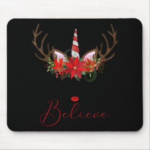 Believe Red White Insettia Reindeer Unicorn T Shir Mouse Pad