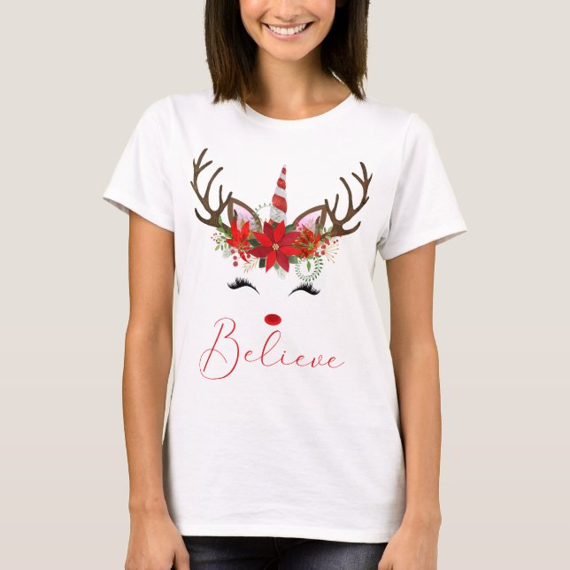 Believe Red & White Poinsettia Reindeer Unicorn T-Shirt (Front)