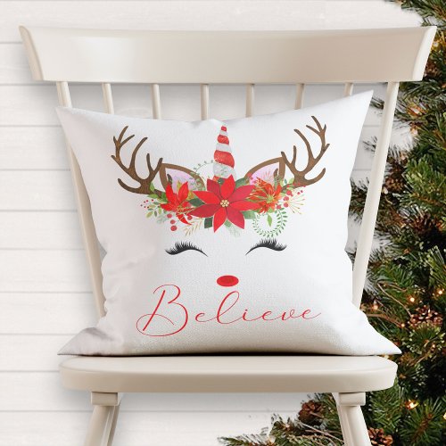 Believe Red  White Poinsettia Reindeer Unicorn Throw Pillow