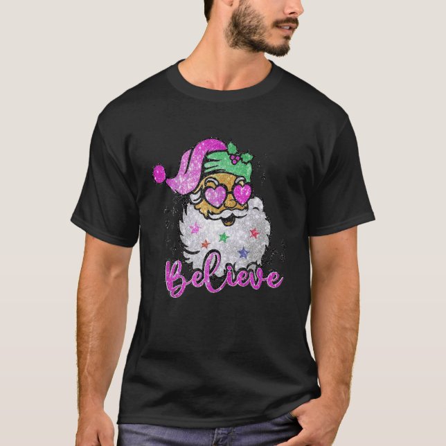 Believe Retro Santa Christmas Women Pink Santa Sun T-Shirt (Front)