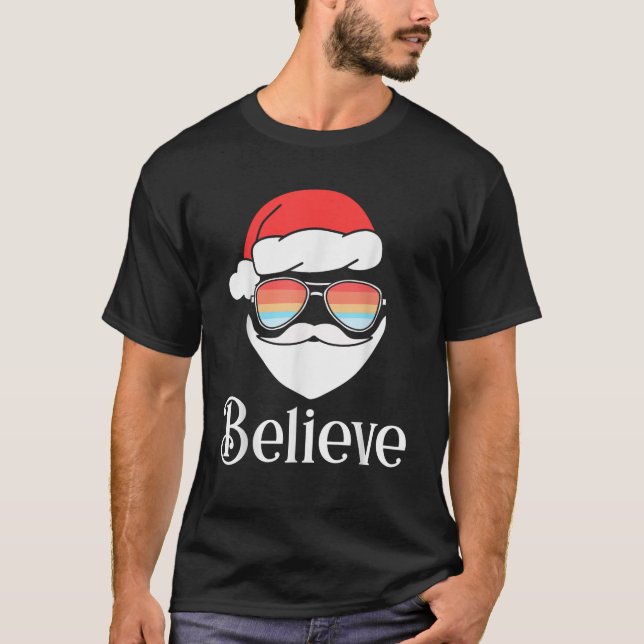 Believe Retro Santa Face Sunglasses Merry Christma T-Shirt (Front)