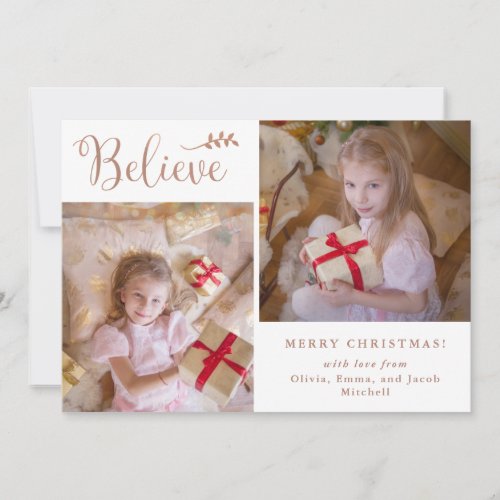 Believe  Rose Gold Christmas Photo Collage Holiday Card