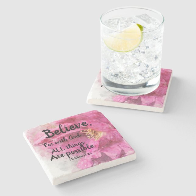 Believe Rose Square Marble Stone Coaster Scripture (Side)