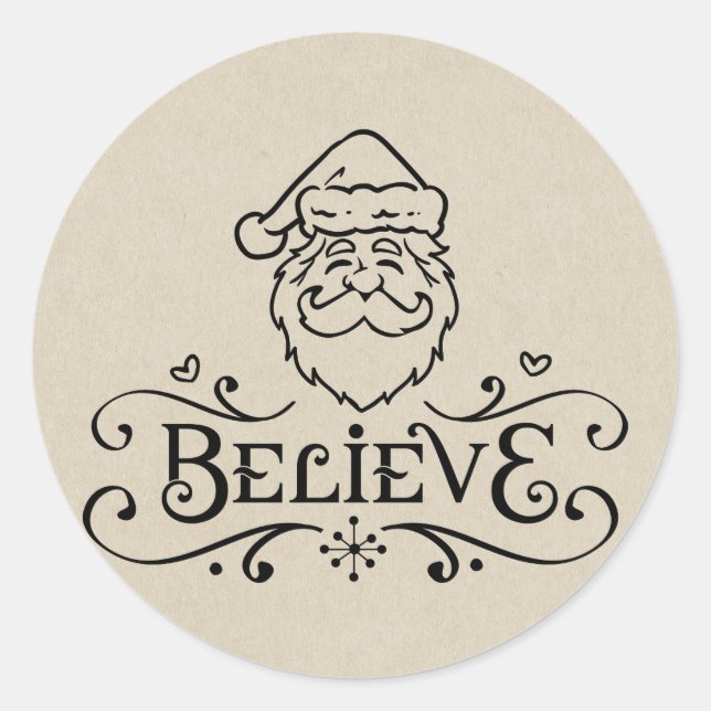 BELIEVE Rustic SANTA Christmas Holiday Favor Treat Classic Round Sticker (Front)