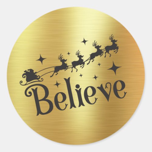 Believe  Santa And His Sleigh  Gold Foil Sticker