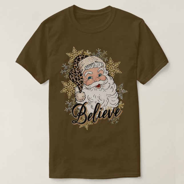 Believe Santa And Snow Leopard Hat Merry Christmas T-Shirt (Design Front)