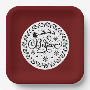"Believe" Santa Claus Flying Sleigh Christmas Paper Plates