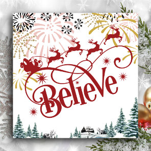 Believe | Santa Claus Sleigh With Flying Reindeers Holiday Card