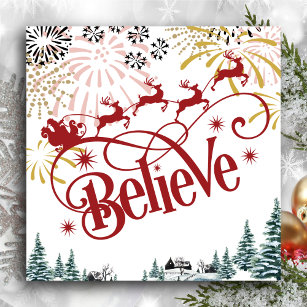 Believe   Santa Claus Sleigh With Flying Reindeers Holiday Card