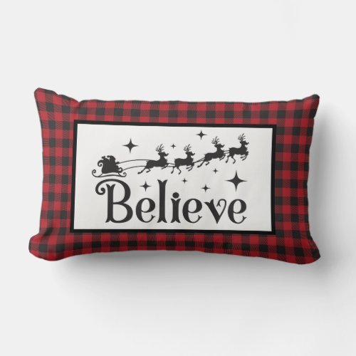 Believe _ Santa Reindeer _ Black Red Buffalo Plaid Lumbar Pillow