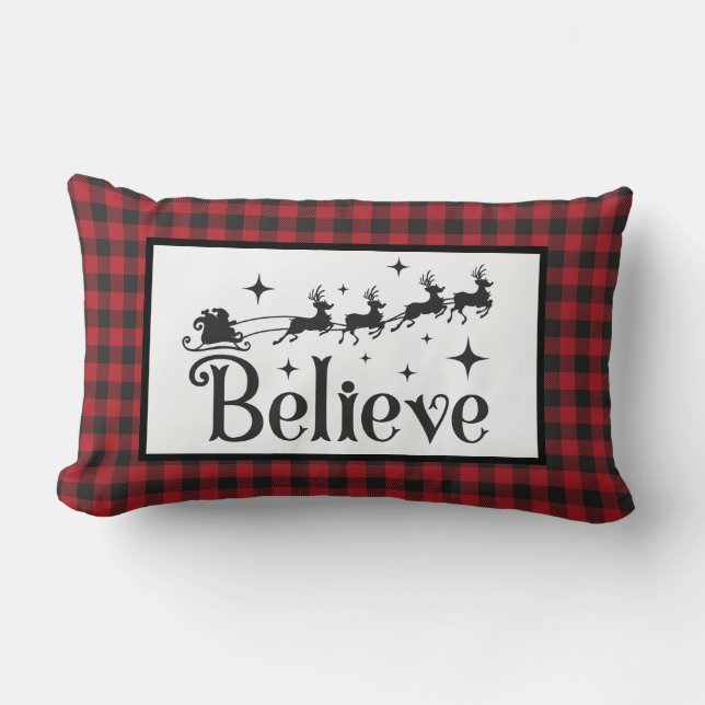 Believe - Santa Reindeer - Black Red Buffalo Plaid Lumbar Pillow (Front)