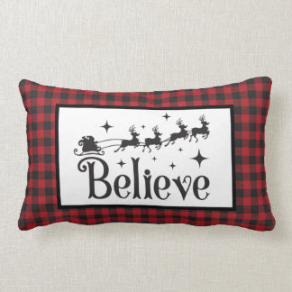 Believe - Santa Reindeer - Black Red Buffalo Plaid Lumbar Pillow