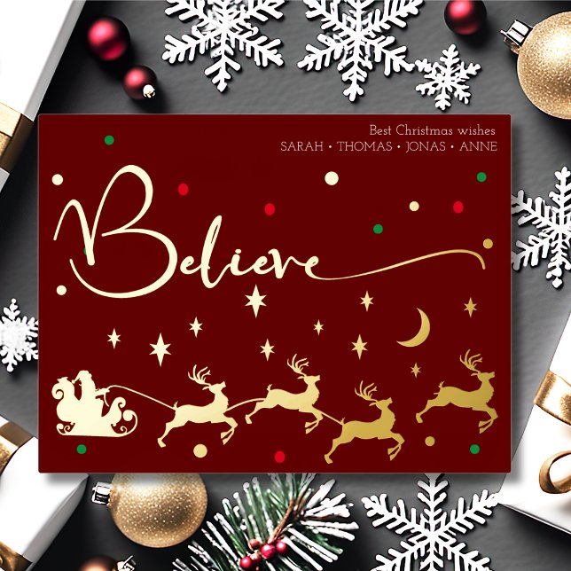 Believe santa sleigh gold elegant christmas card (Creator Uploaded)