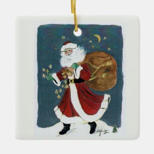 Believe Santa Watercolor Painting text  Ceramic Ornament