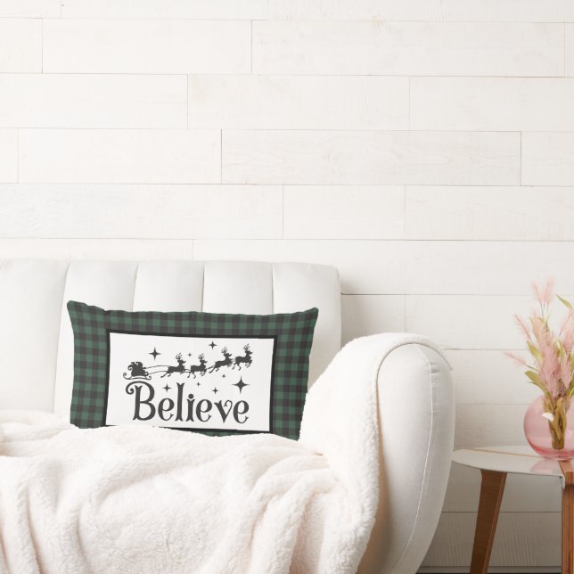 Believe-Santa's Sleigh-Green & Black Buffalo Plaid Lumbar Pillow (Couch)