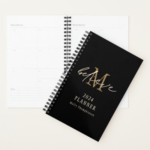 Believe Script 2024 Monogram Initial Name Black  Planner