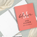 Believe Script 2024 Monogram Initial Name Coral Planner<br><div class="desc">Believe Script 2024 Monogram Initial Name Coral. Keep yourself organised for the year ahead with this inspirational design with an encouraging word, Believe, in an informal set script overlaid onto your initial in white on a coral rose pink background. Personalise with the year and your name. A matching coral color...</div>