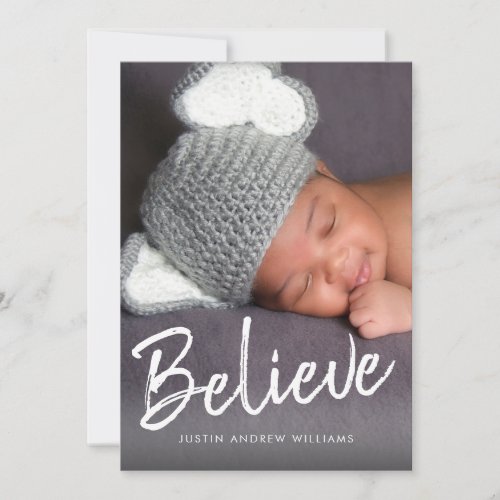 Believe Script Babys First Christmas Modern Photo Holiday Card