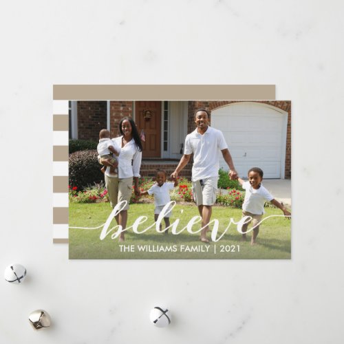 Believe Script Christmas Family Holiday Photo Card