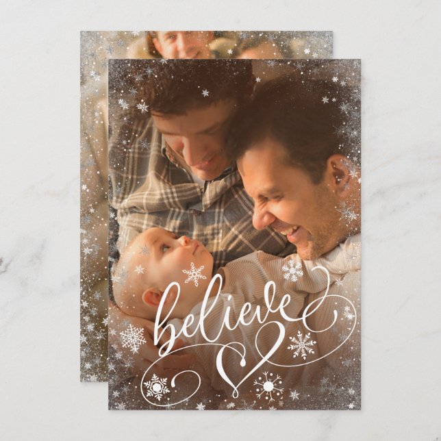 Believe Script | Christmas Snowflake 2 Photo Holiday Card (Front/Back)