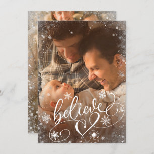 Believe Script   Christmas Snowflake 2 Photo Holiday Card