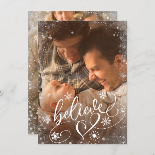 Believe Script  Christmas Snowflake 2 Photo Holiday Card