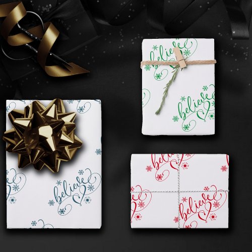 Believe Script  Classy Holiday Snowflake Flourish Wrapping Paper Sheets