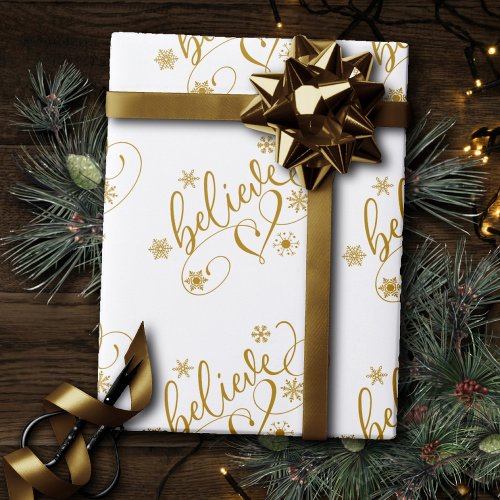 Believe Script  Gold Holiday Snowflake Flourish Wrapping Paper