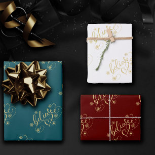 Believe Script   Gold Holiday Snowflake Flourish Wrapping Paper Sheets