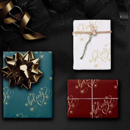 Believe Script  Gold Holiday Snowflake Flourish Wrapping Paper Sheets
