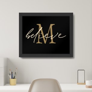 Believe Script Gold Monogram Initial Black Framed Art