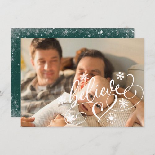 Believe Script  Green Christmas Snowflake Photo Holiday Card