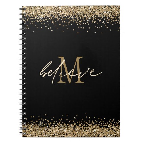 Believe Script Initial Monogram Gold Glitter Black Notebook