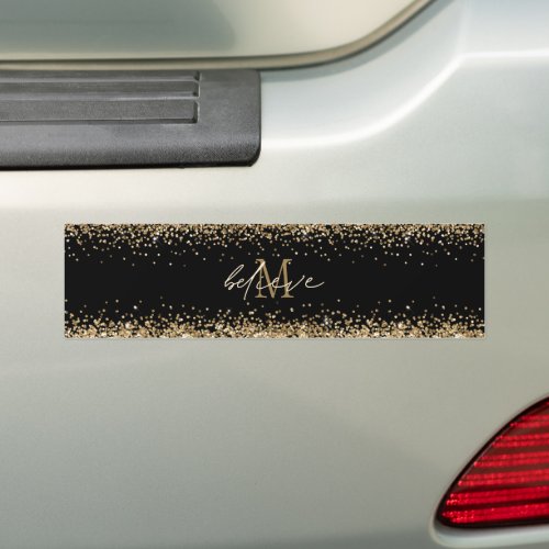 Believe Script Monogram Initial Gold Glitter Black Bumper Sticker